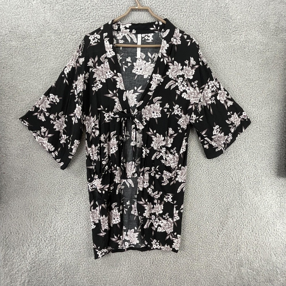 Spiritual Gangster Blouse Womens OS Black Kimono Floral Rayon Tie Open Front